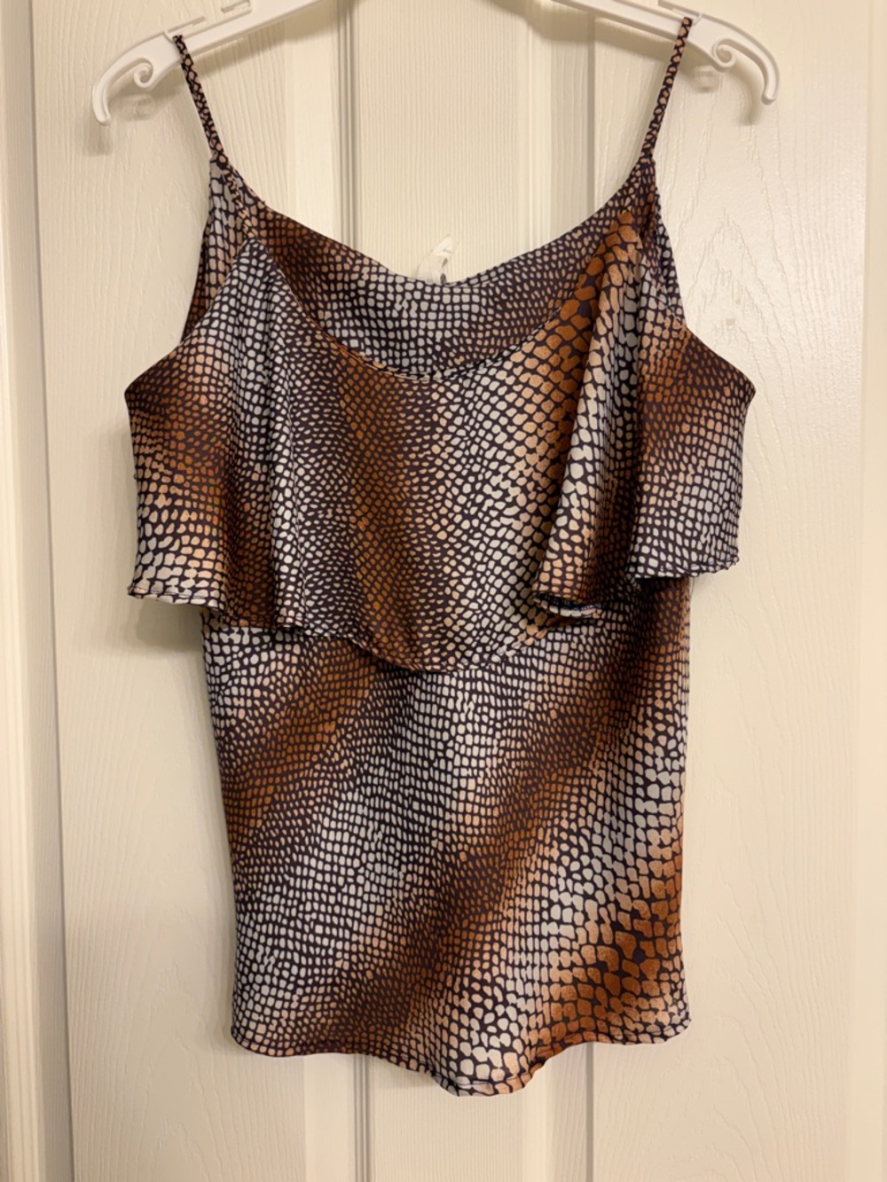 Snake-Print Ruffle Cami Top in Brown & Cream
